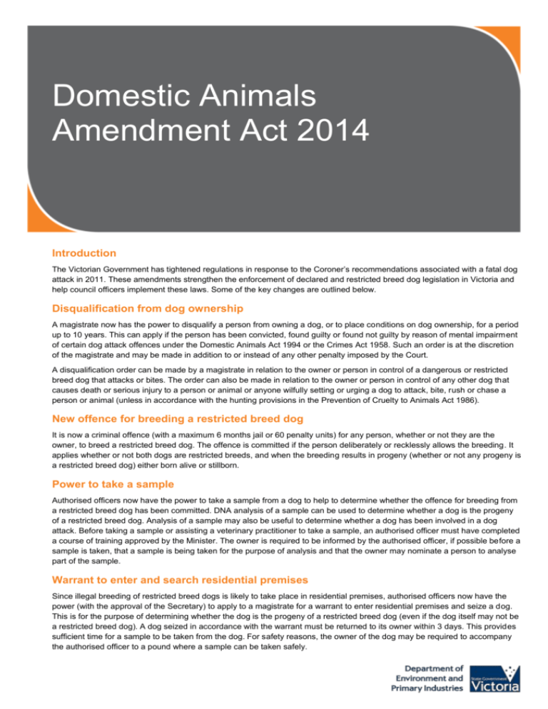 Domestic Animals Amendment Act 2014 Domestic Animals