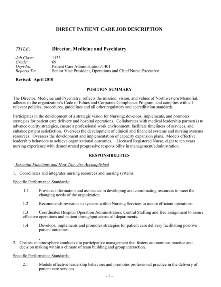 DIRECT PATIENT CARE JOB DESCRIPTION TITLE Director