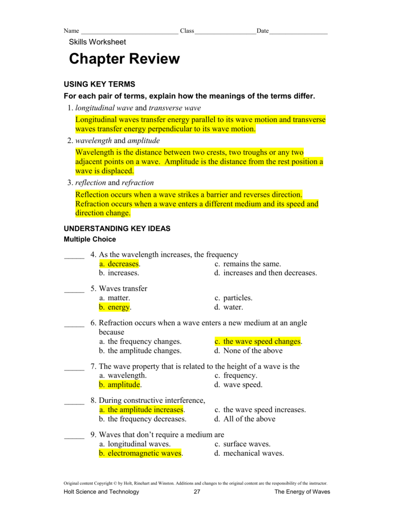 wave refractive In Waves Review Worksheet Answer Key