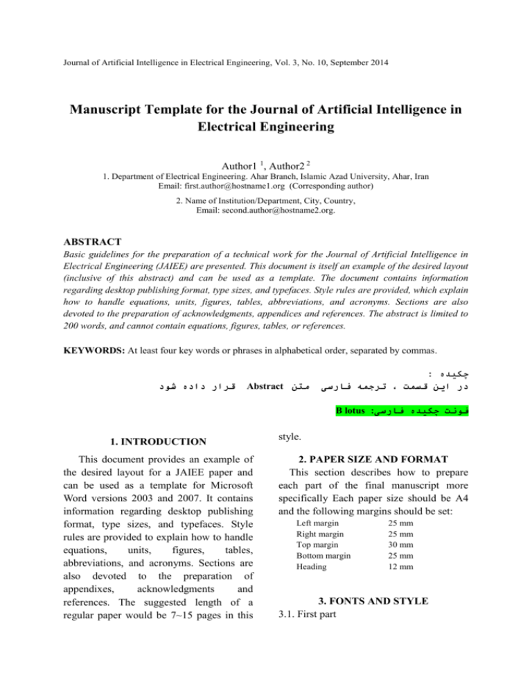 Manuscript Template For The JAIEE