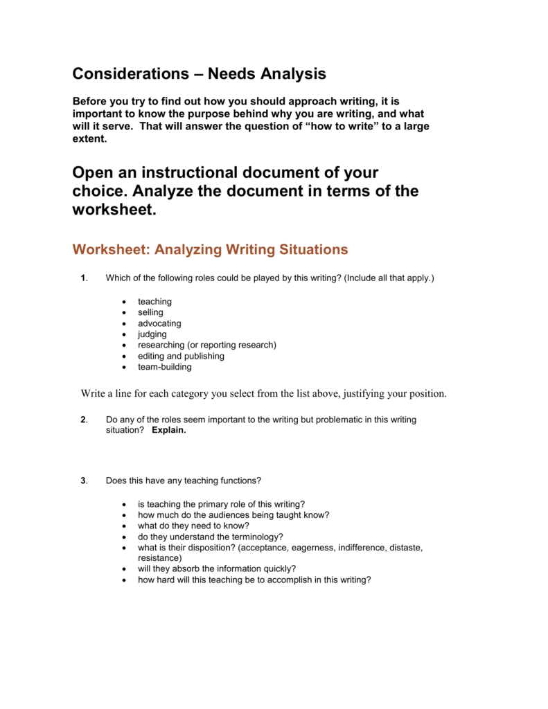 Analyze Writing Situations Regarding Written Document Analysis Worksheet Answers