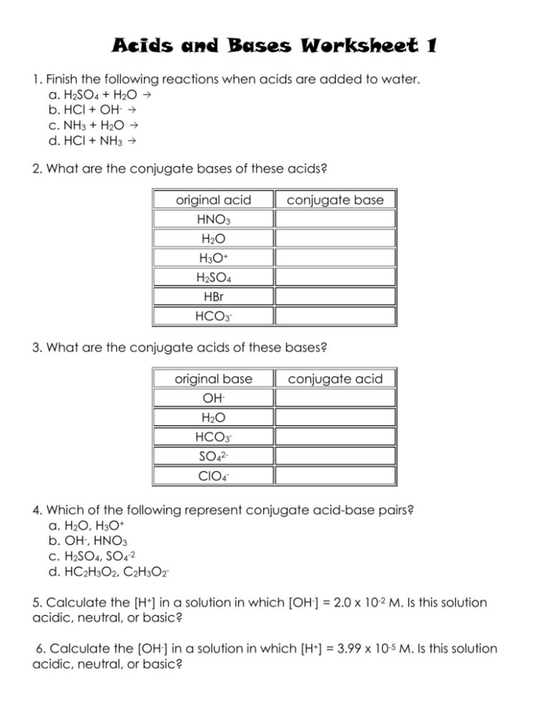 Acids And Bases Worksheet Chemistry Practice Problems