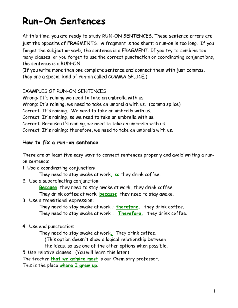 Run On Sentence Examples For 5th Grade