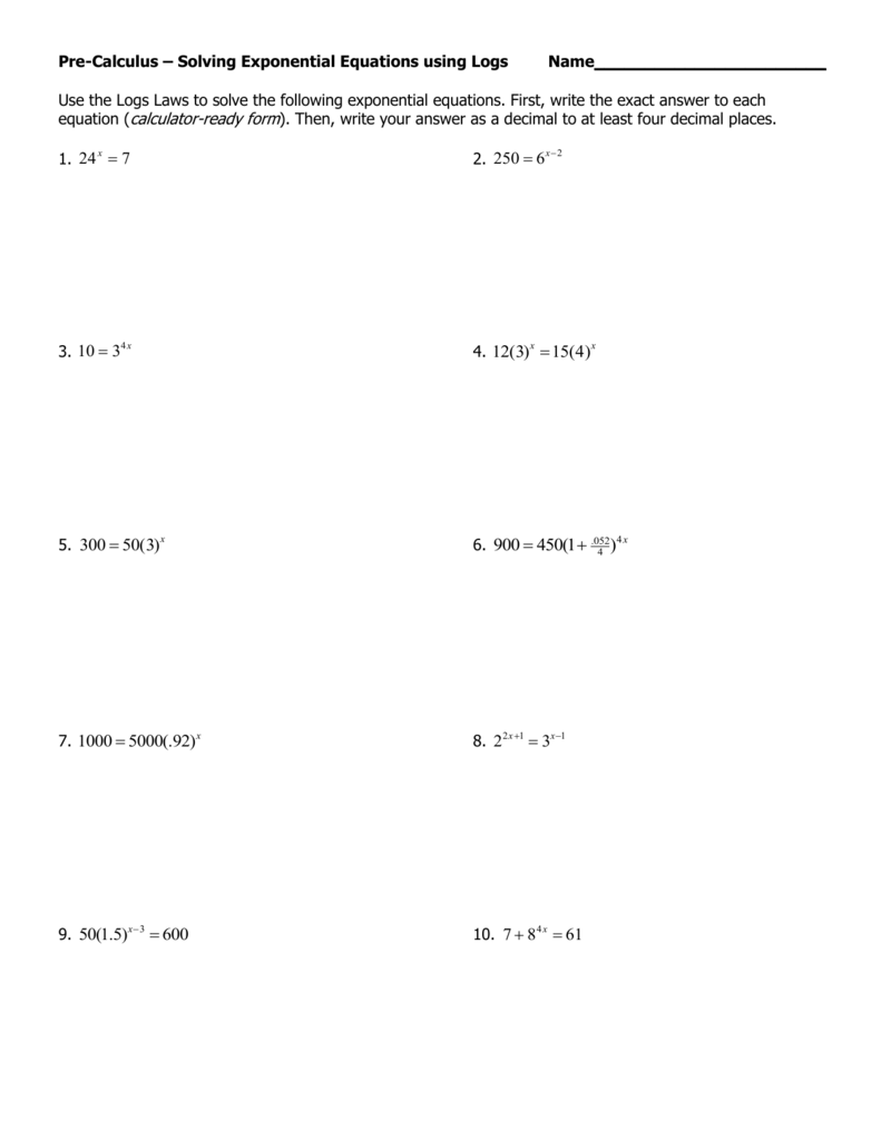 Pre-Calculus – Solving Exponential Equations Throughout Solving Exponential Equations Worksheet