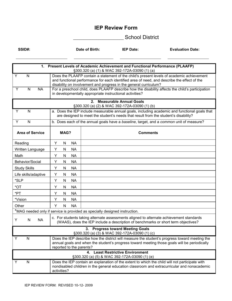 IEP Review Form From OSPI - North Central Education Service District