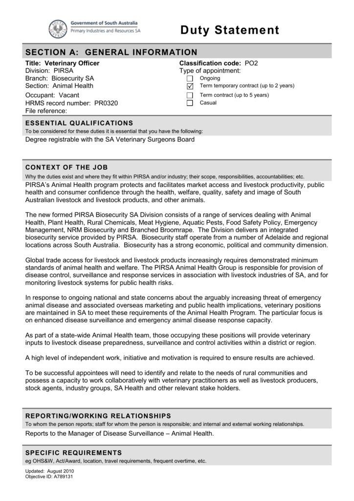 Duty Statement Template