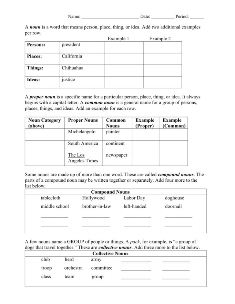 Noun Person Place Thing Or Idea Worksheet