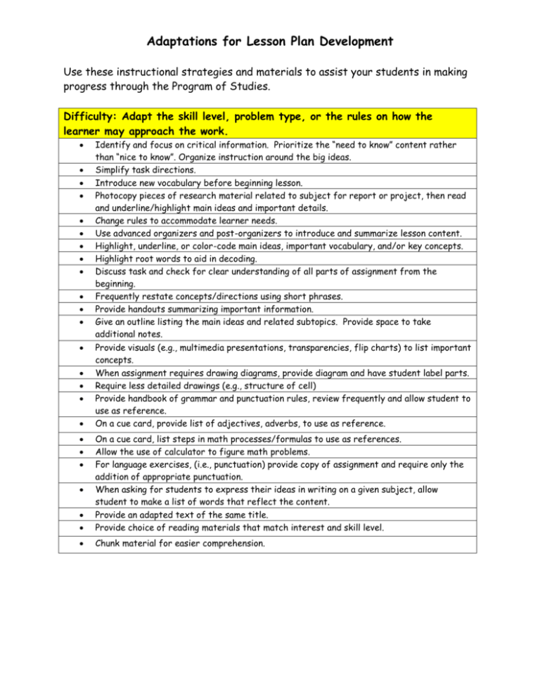 Adaptations For Lesson Plan Development