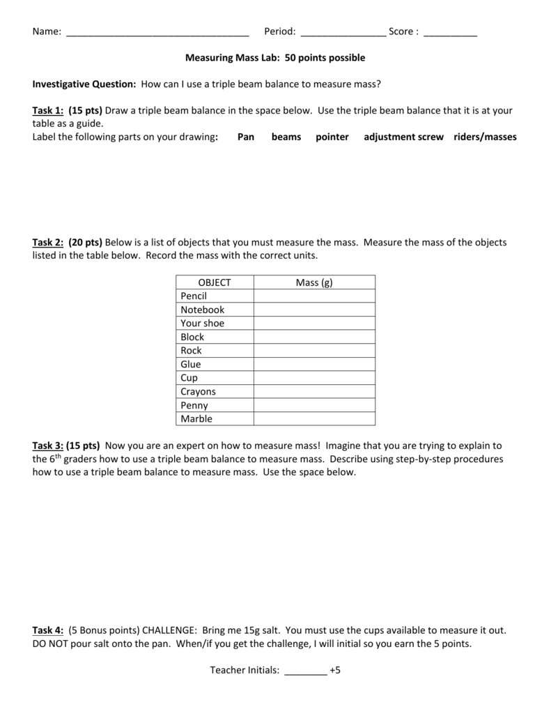 Measuring Mass Lab: 23 points possible Inside Triple Beam Balance Practice Worksheet