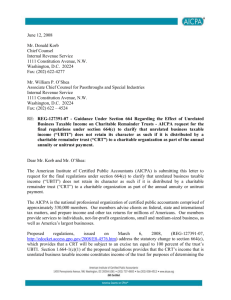 AICPA Letter to IRS on Section 664 Guidance on Effect of UBTI on