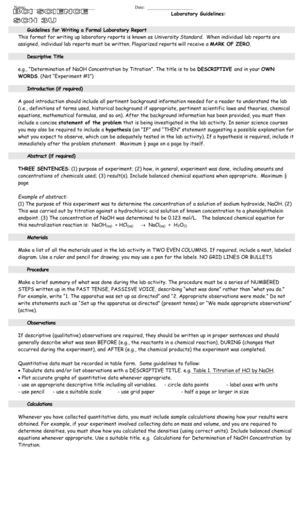 Chemistry Lab Report Template