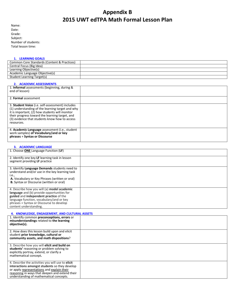 Appendix B 2015 UWT EdTPA Math Formal Lesson Plan Name