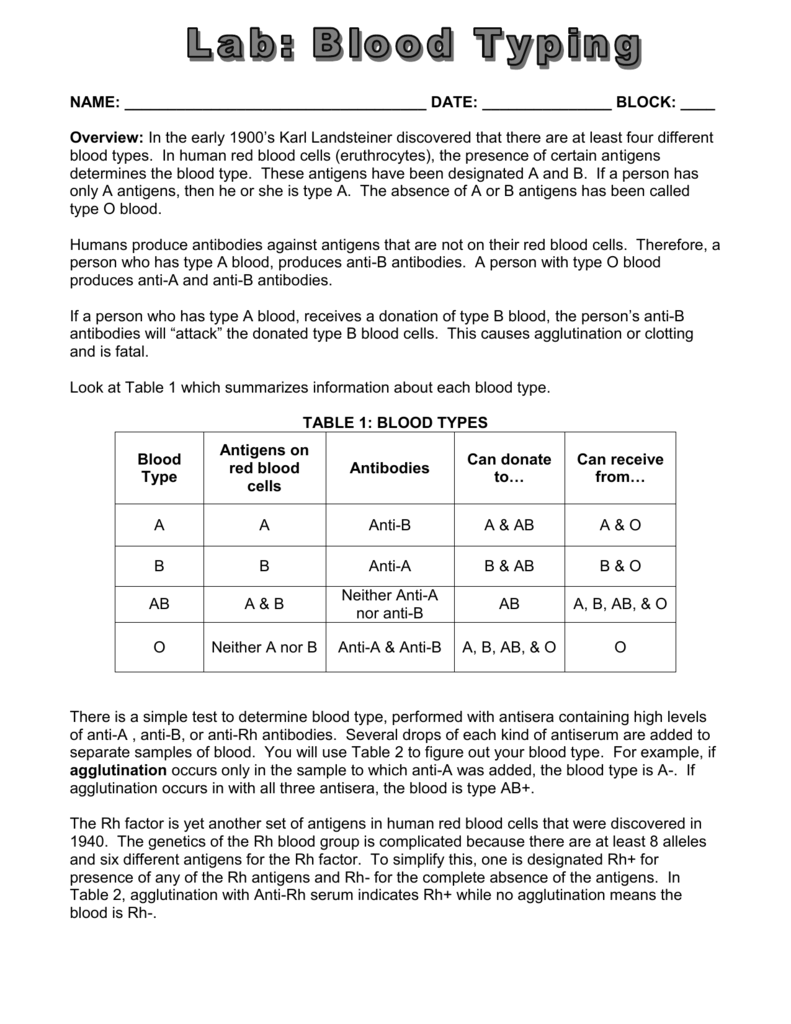 Blood Type Agglutination Chart