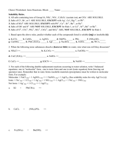 Chem Worksheet: Ionic Reactions and Ksp