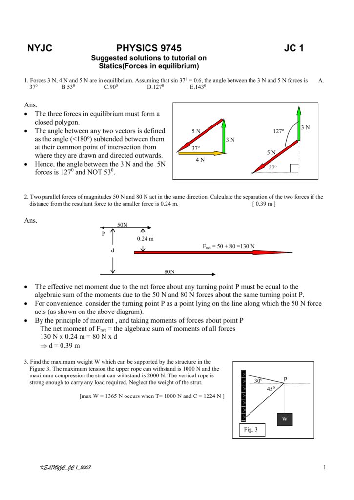 Suggested Solutions To Tutorial On Statics Forces In Equilibrium