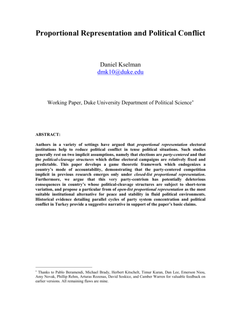 Proportional Representation And Political Conflict