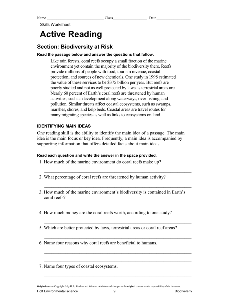 AR biodiversity at risk - Environmental Science 21 Throughout 6 3 Biodiversity Worksheet Answers