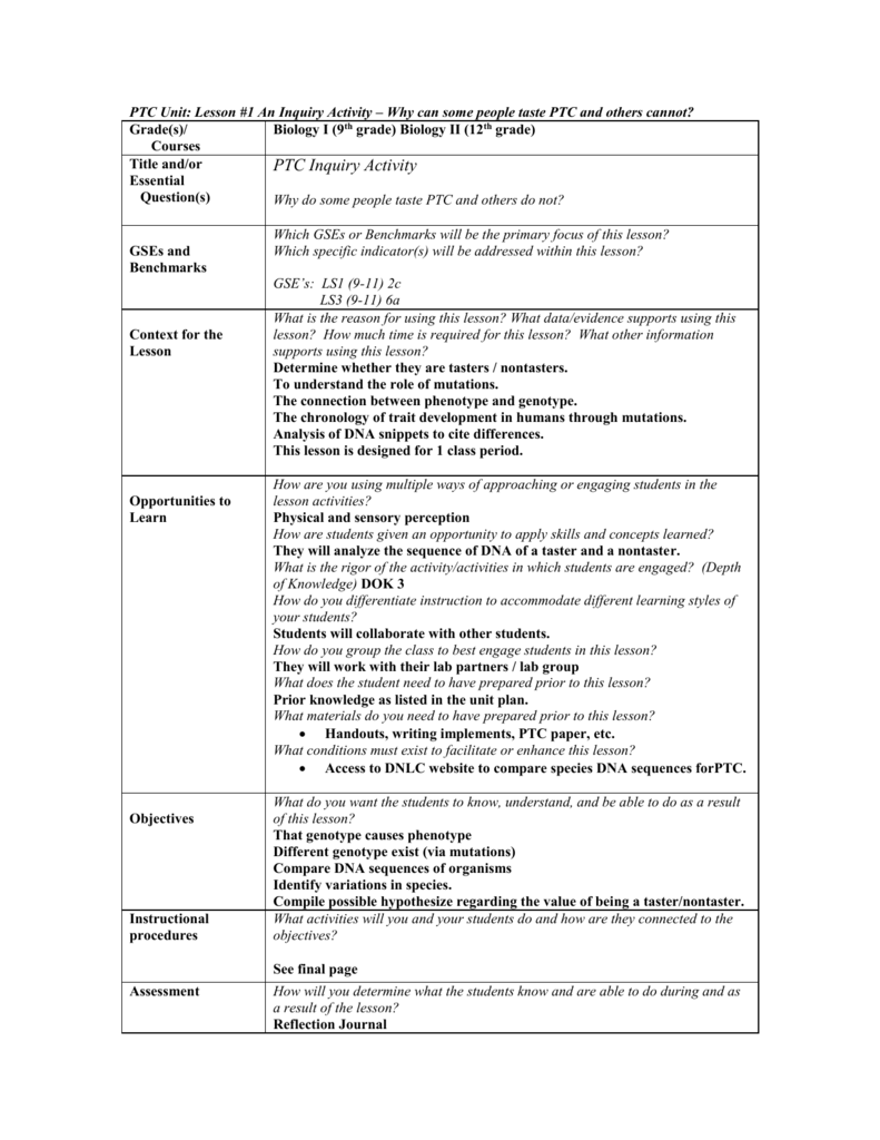 Ptc Lesson Plans