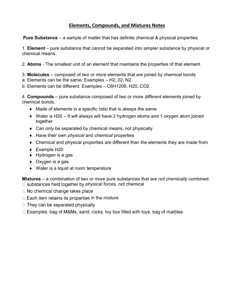 Elements Compounds And Mixtures Notes