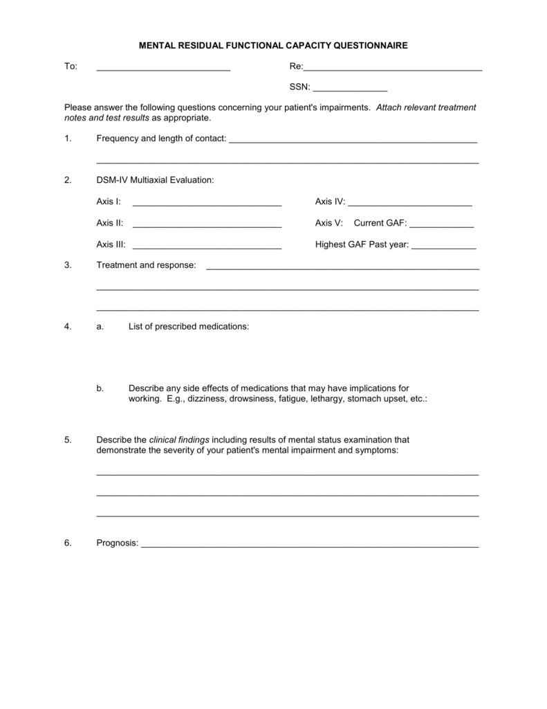 MENTAL RESIDUAL FUNCTIONAL CAPACITY QUESTIONNAIRE