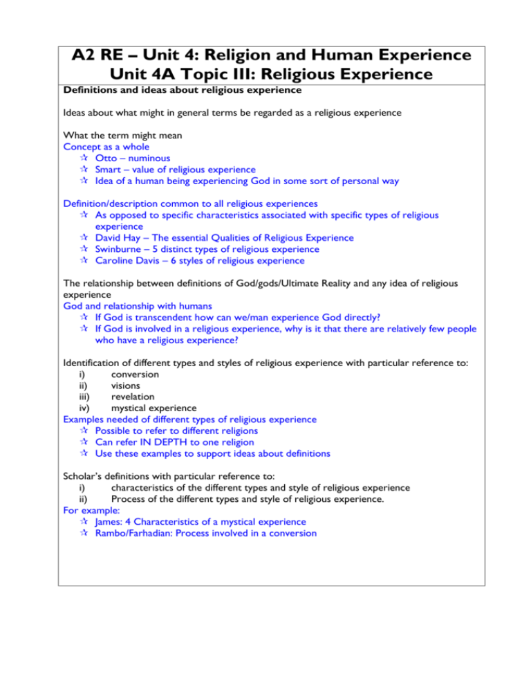 A2 RE Unit 4 Religion And Human Experience