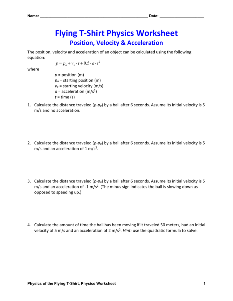 Position, Velocity & Acceleration Physics Worksheet Pertaining  To Velocity And Acceleration Calculation Worksheet