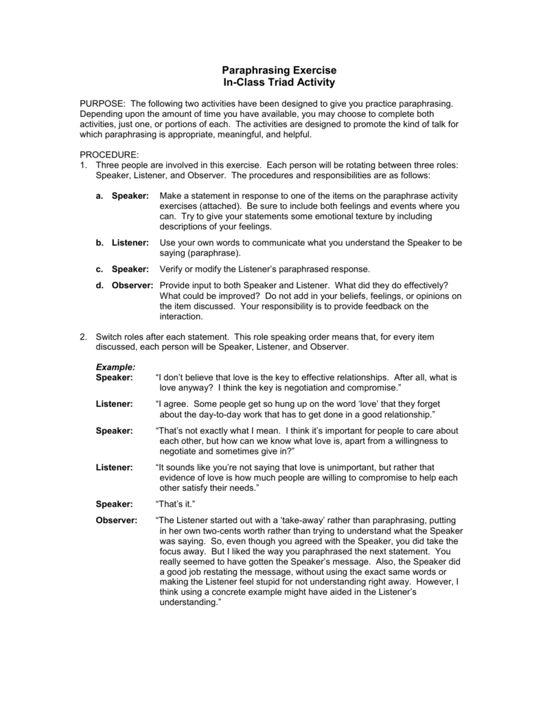 Paraphrasing Exercise
