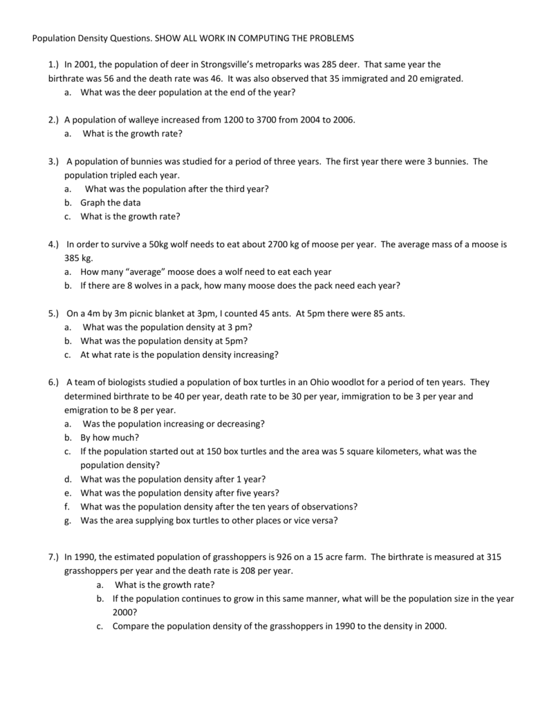 Calculating Population Density Worksheet