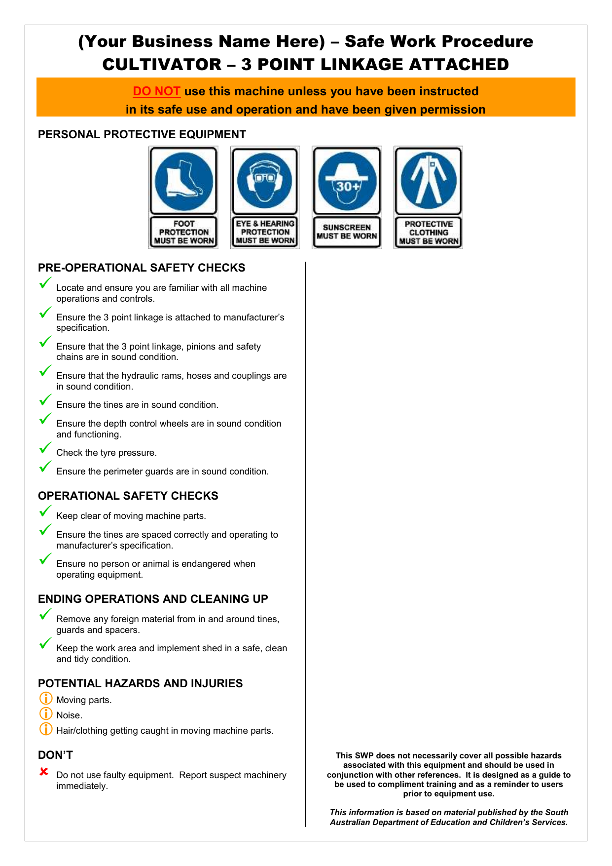 Electrical Safe Work Procedure : Safe Work Procedure Template (Portrait