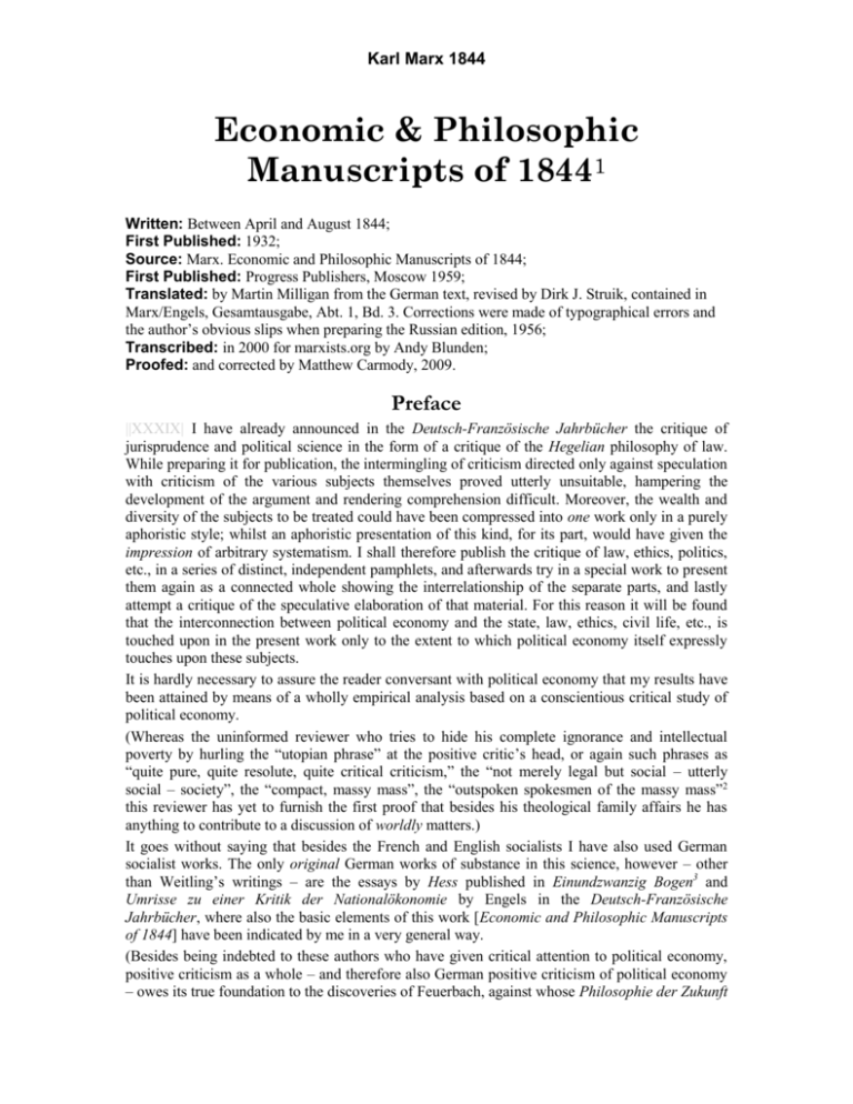 economic and philosophic manuscripts of 1844 mla citation