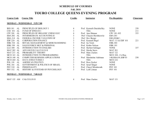 SCHEDULE OF COURSES Fall, 2010 TOURO COLLEGE QUEENS