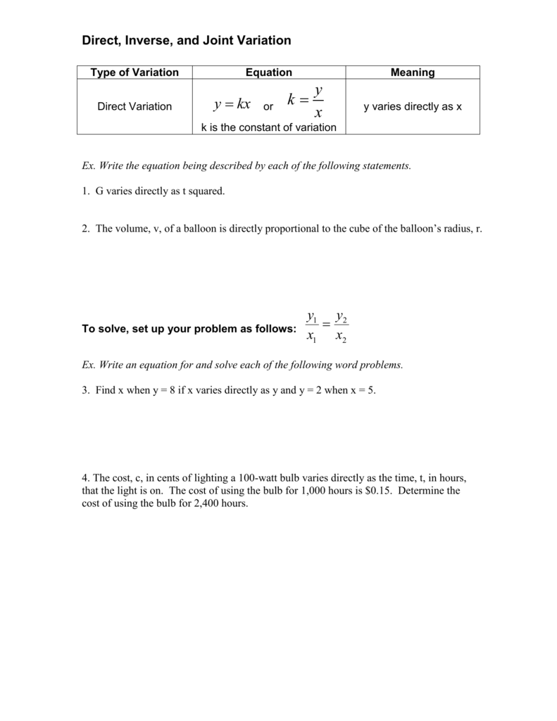 Direct, Inverse, and Joint Variation Pertaining To Direct Variation Word Problems Worksheet