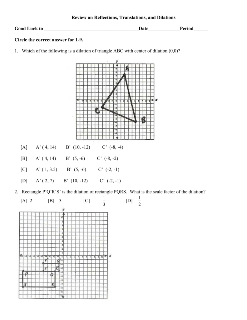 Review on Reflections, Translations, Dilations Throughout Dilations Translations Worksheet Answers