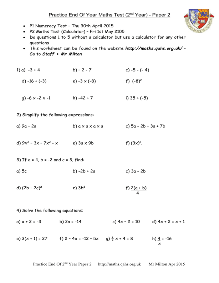 S2 3RD LEVEL Maths Test