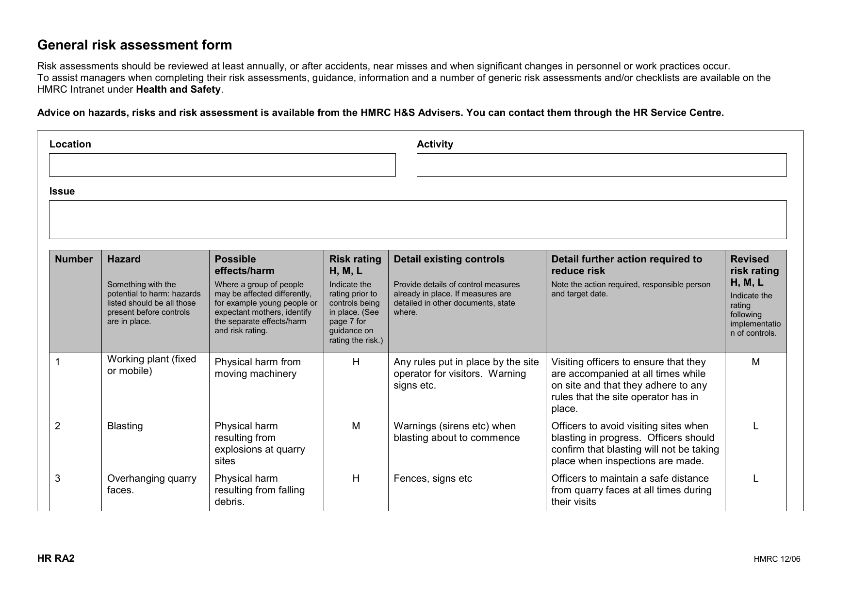 Risk Assessment Form Template Word Document