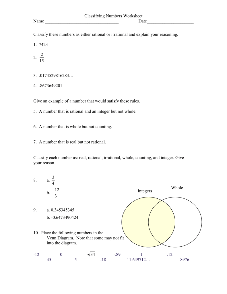 Classify these numbers as either rational or irrational and explain For Classifying Rational Numbers Worksheet