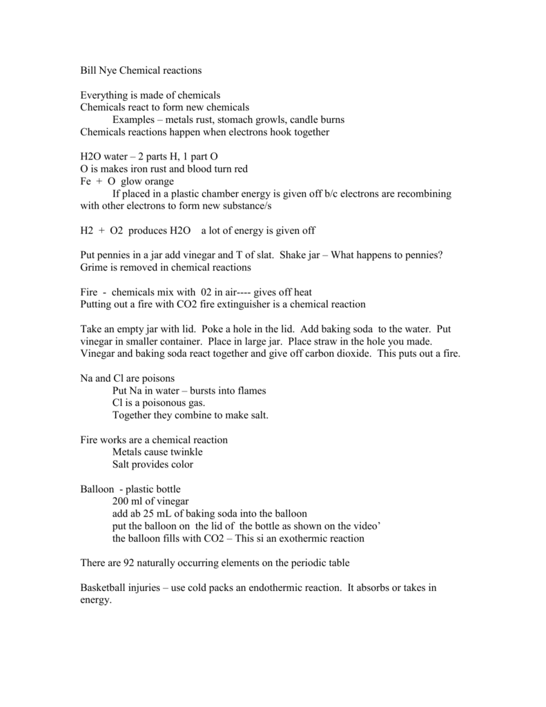Bill Nye Chemical Reactions Worksheet
