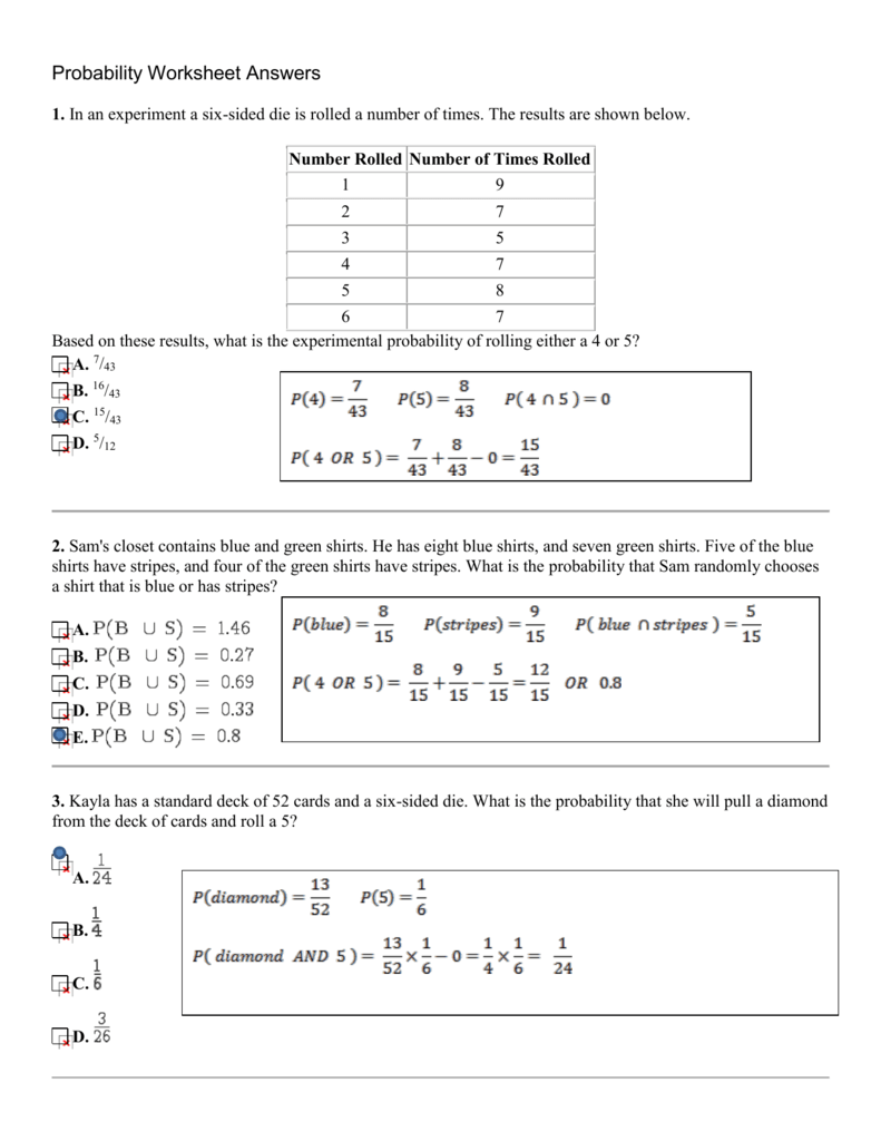 Probability Worksheet Answers