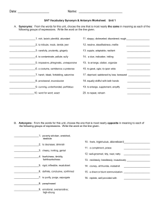 SAT Vocabulary Synonym & Antonym Worksheet: Unit 1