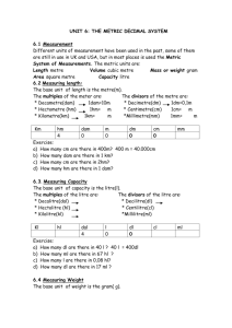 UNIT 6: THE METRIC DECIMAL SYSTEM 6.1 Measurement