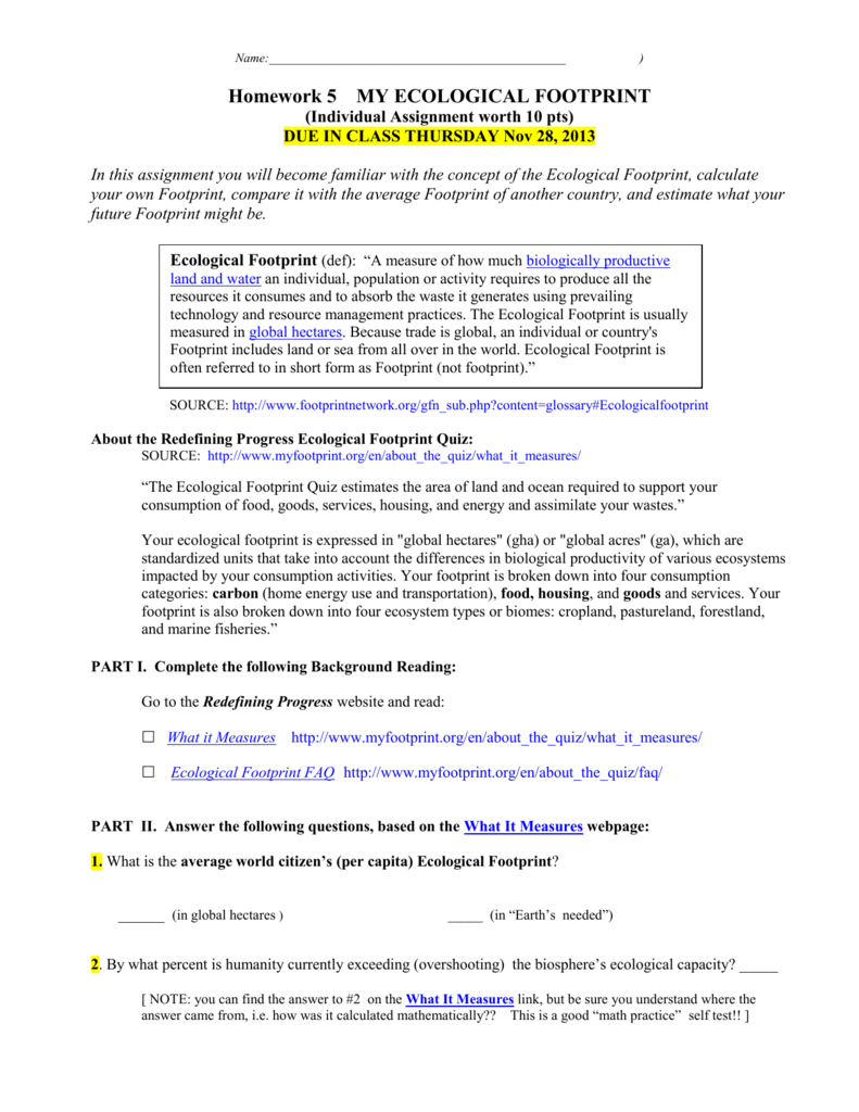 Ecological Footprint Assignment With Regard To Ecological Footprint Calculator Worksheet