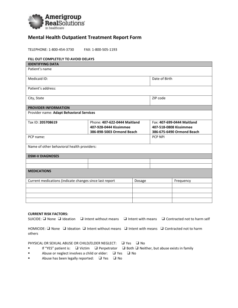 Mental Health Outpatient Treatment Report Form