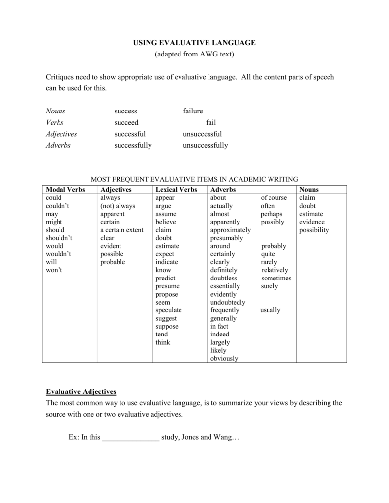 evaluative verbs for essays