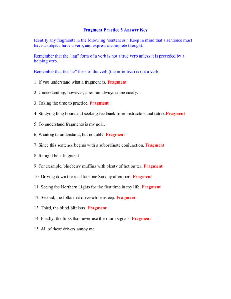 Sentence Fragment Worksheet Answer Key