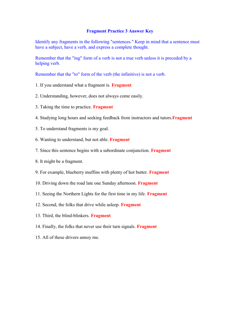 Fragment Practice 3 Answer Key