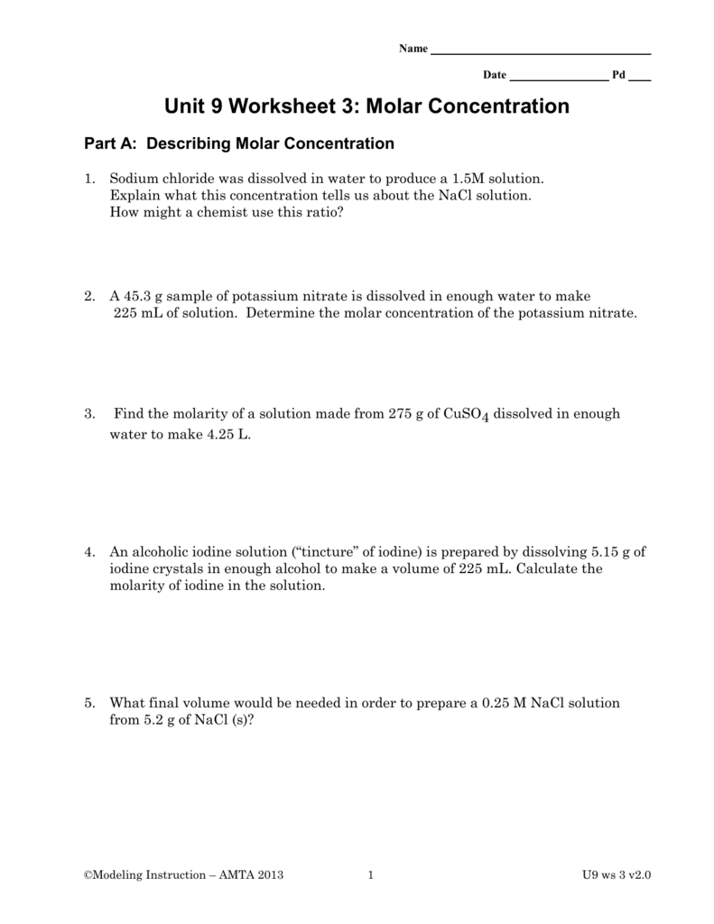 Part A Describing Molar Concentration