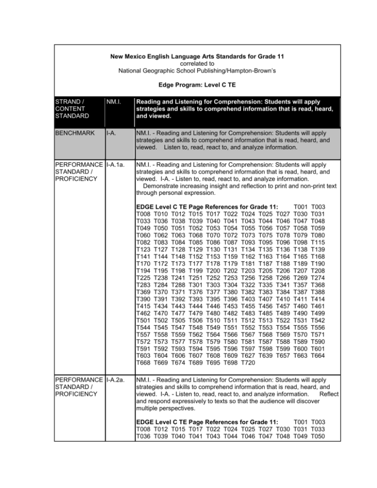 EDGE C 11th grade correlation NM Standards