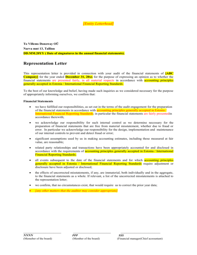 example of management representation letter