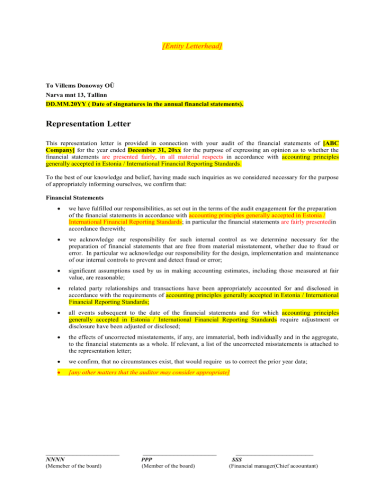 yellow book management representation letter