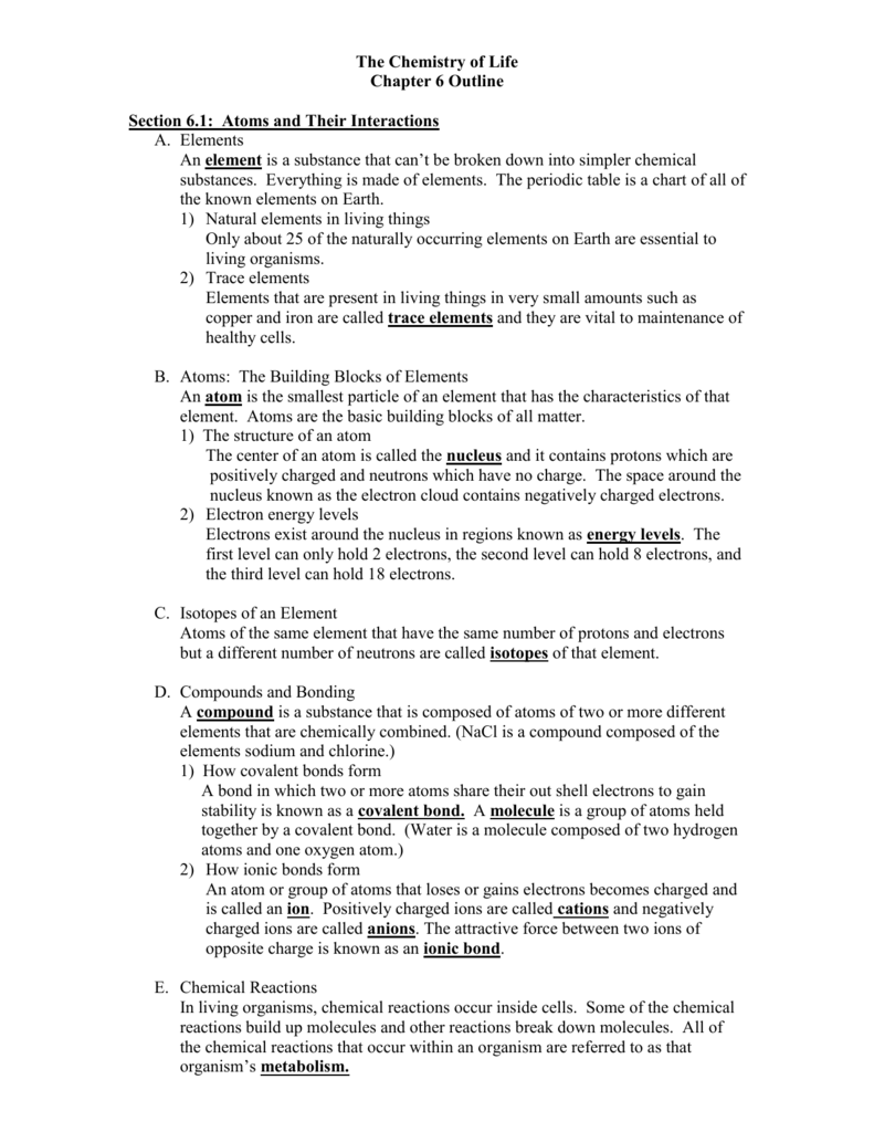 The Chemistry of Life For The Chemistry Of Life Worksheet